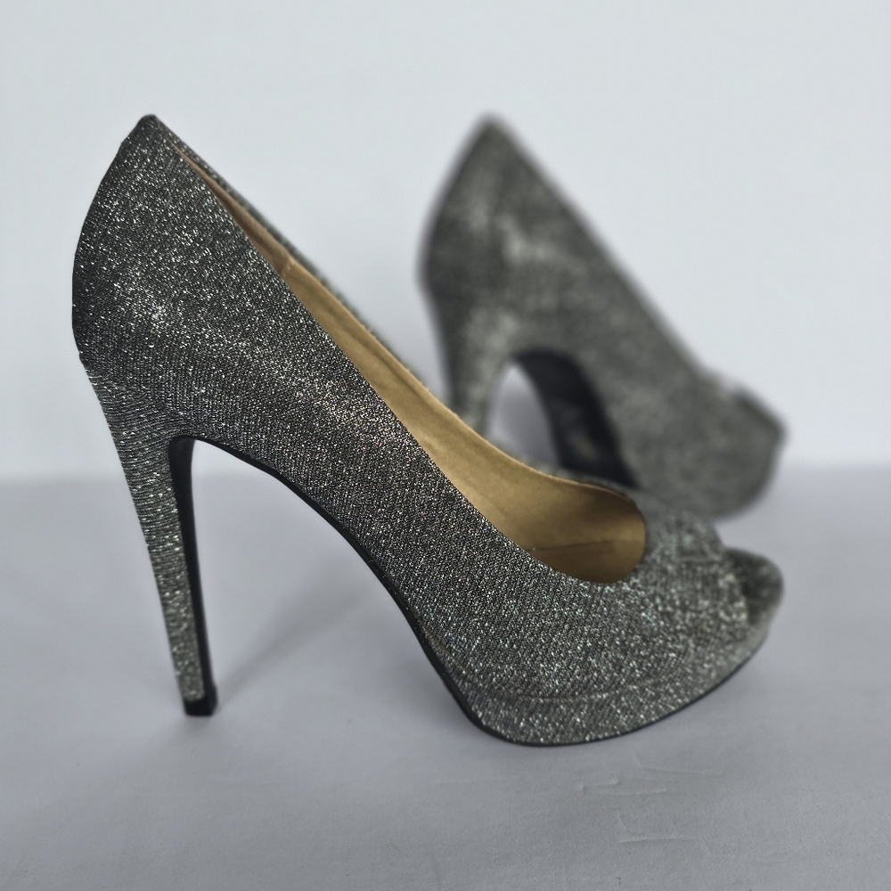 Chinese Laundry Silver Glitter Peep-Toe Stiletto Pumps